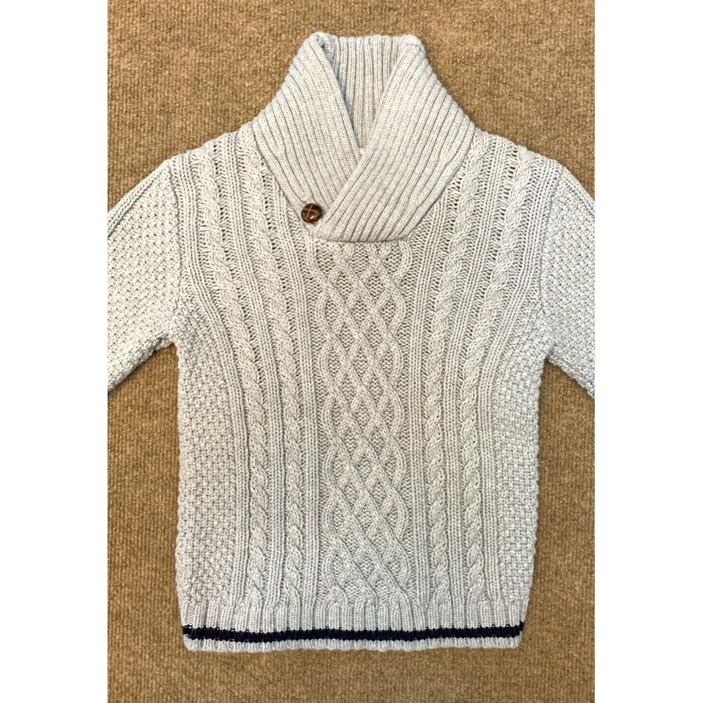 British Khaki Sweater Boys 6 Shawl Chunky Cable Knit Preppy Fisherman Pullover